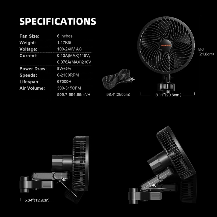 2025 New Version | Spider Farmer® 150mm Grow Tent Clip Fan EC Motor | 10 Speed Wind Control